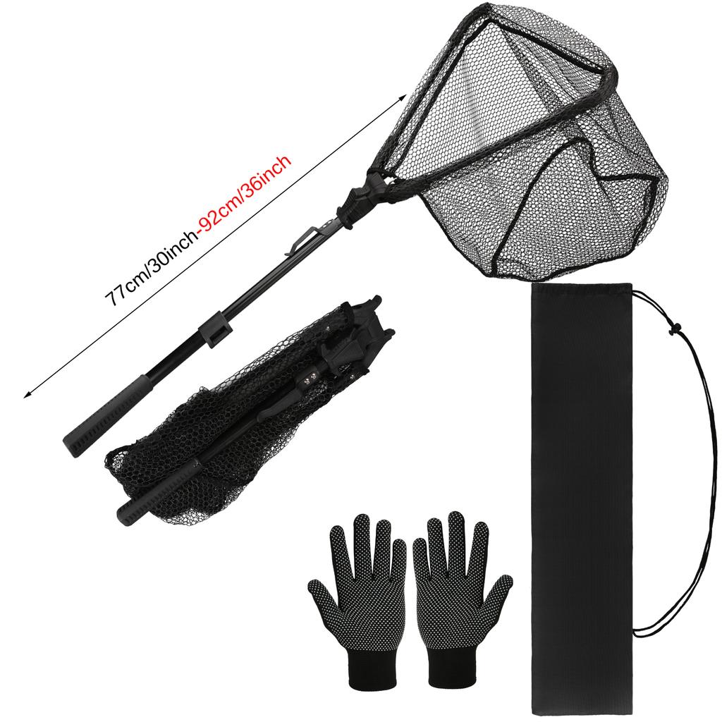Folding Fishing Net With Non-Slip Gloves Storage Bag Telescoping Pole Handle Extend Landing Net Coated Nylon Mesh for Men Women