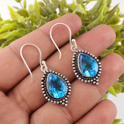 Pendiente de Topacio Azul Suizo, Pendiente de Gema, Pendientes de Plata de Ley Sólida 925, Joyería Hecha a Mano, Joyería de Plata Para Regalo