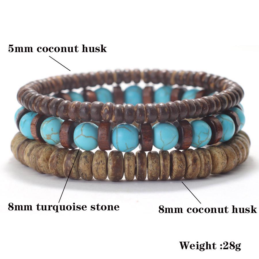 Vintage 3Pcs/Set Wooden Men Bracelet Natural Coconut Husk Turquoises Tiger Eyes Onyx Beads Braclet Jewelry Hombre Pulsera Joias