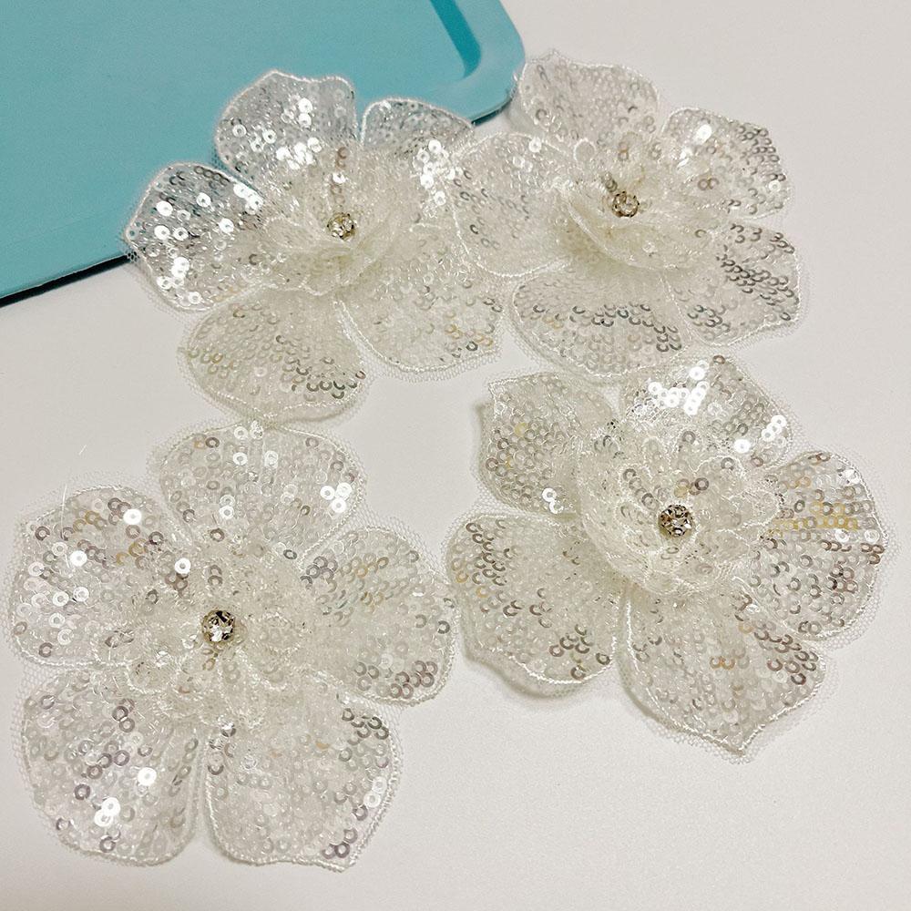 2Pcs Black White 3D Beaded Lace Patches Sequins Flower Clothing Patch Decoration Applique