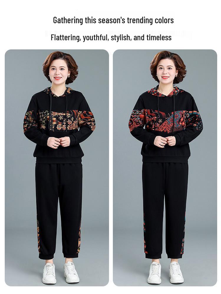 Woodpecker Autumn Sportswear Set for Middle-Aged Women – Fashionable Plus Size Two-Piece for Spring & Fall