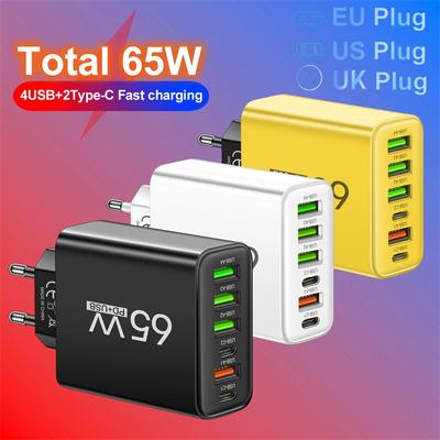 Caricabatterie da muro rapido a ricarica rapida 65W 6 in 1 4 USB 2 Tipo C per iPhone Samsung Xiaomi Huawei Oppo Adattatore per telefono cellulare