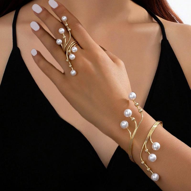2-piece Fashionable Geometric Imitation Pearl Multi-layer Bracelet Ring, Women's  Trendy Party Accessories Jewelry