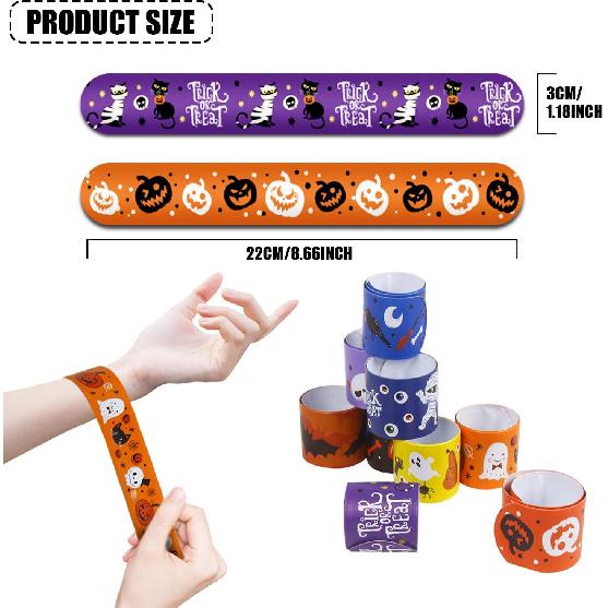 CCINEE 48pcs Halloween Slap Bracelets,Kids Snap Bracelet Wristbands with Assorted Bulk Pumpkin Zombie Skull Ghost Witches for Trick or Treat Gift Bag
