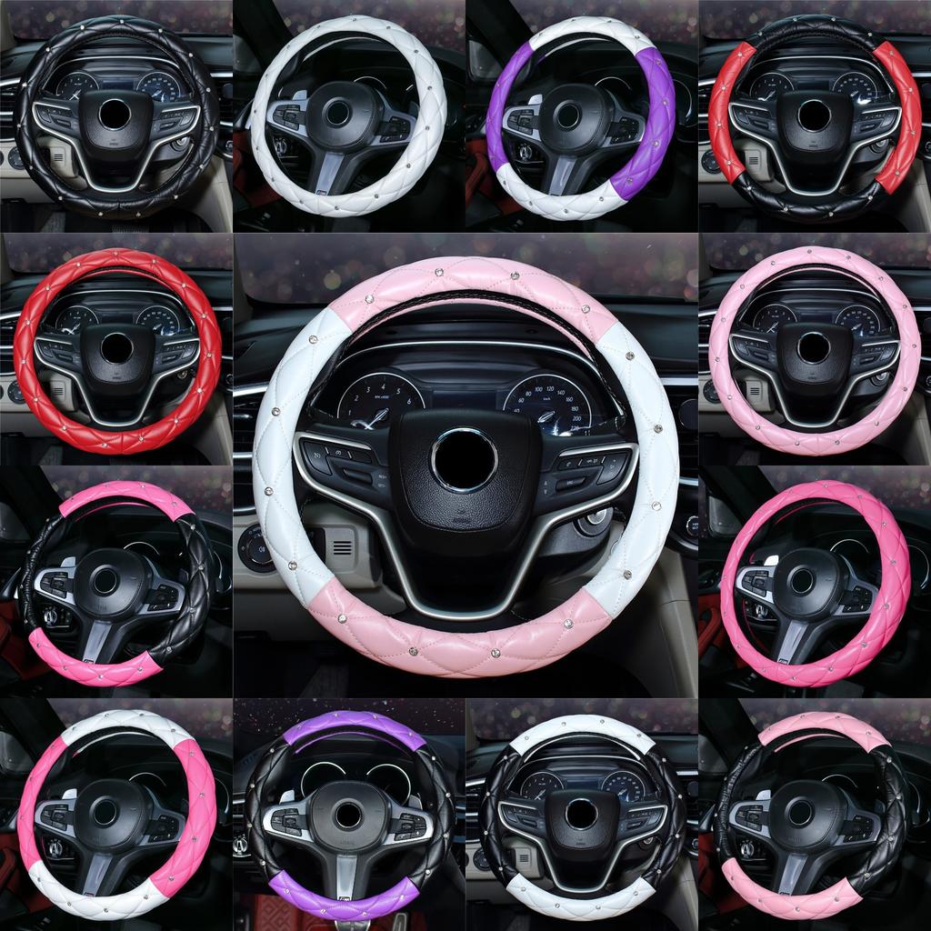 Měkký kožený vyšívaný stereo kryt volantu do auta s vnitřním kroužkem, zdobený diamanty, pasuje na 14,5-15 palců