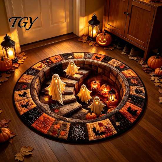 Ghost Pattern Carpet 3D Haunted Staircase Area Rug, Halloween Stair Round with Washable Bedroom Anti-slip Backing, Floor Mat for Living Room Bathroom