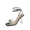 Women Bowknots Crystal Heeled Sandals Fashion Square Toe Rhinestone Decor Ankle Strap Heels For Party Wedding Prom