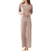 2Pcs/Set Top Pants Set Women Pajamas Seamless Ice Silk Round Neck Short Sleeve Solid Color Elastic Waist Wide Leg Loose Soft Breathable Homewear