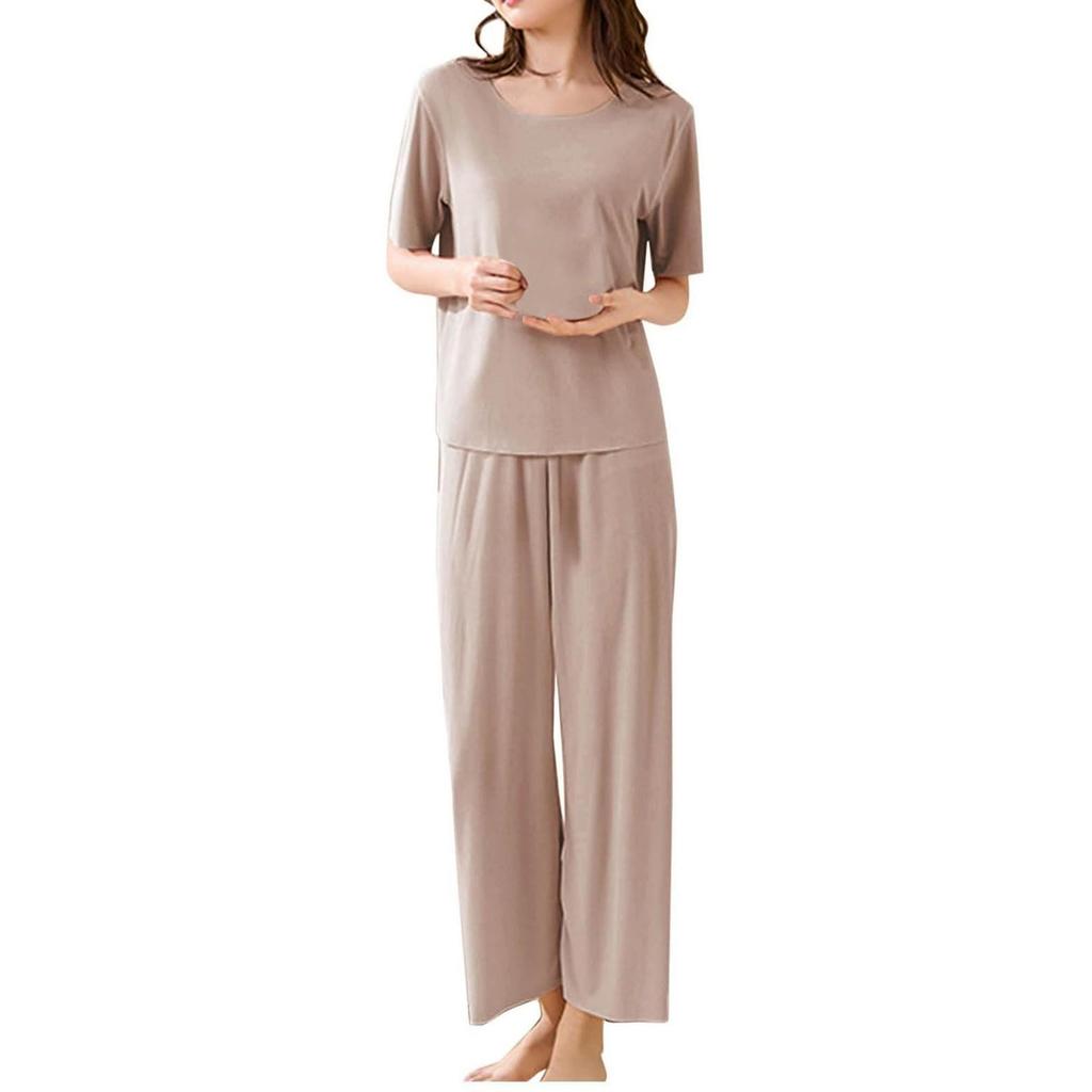 2Pcs/Set Top Pants Set Women Pajamas Seamless Ice Silk Round Neck Short Sleeve Solid Color Elastic Waist Wide Leg Loose Soft Breathable Homewear
