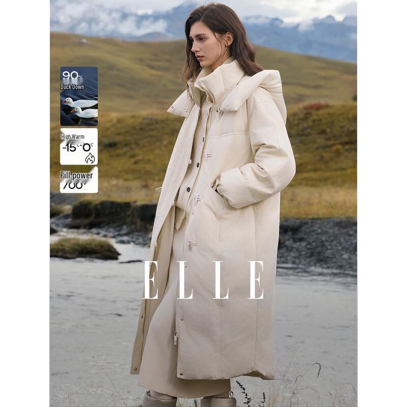 ELLE Women s Hooded Textured White Duck Down Long Jacket L