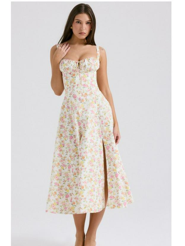 

Кружевное платье А-силуэта на шнуровке с разрезом и бретелями - Европейский и американский летний французский стиль L