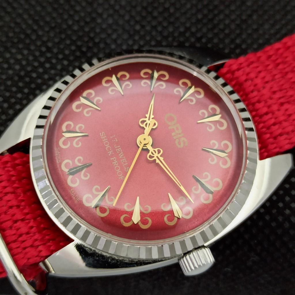 VINTAGE ORIS WINDING SWISS REFURBISHED MENS WRIST RED WATCH 558c-a297202-1