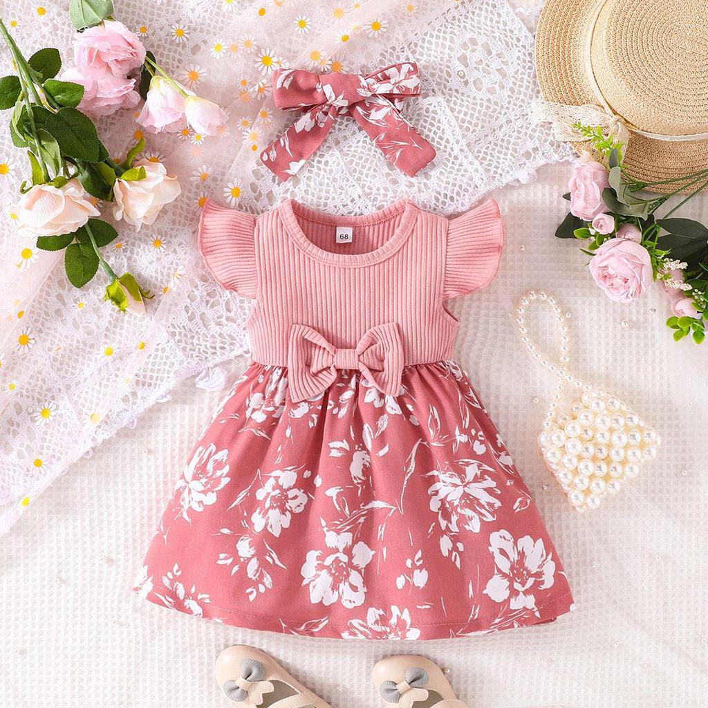 European & American Summer Baby Girl Fly Sleeve Dress with Headscarf - Patchwork Two-Piece Set