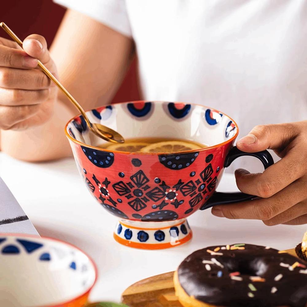 Retro Ceramic Mug Hand Painted Oatmeal Mug Breakfast Bowl  For Cappuccino Hot Chocolate Milk