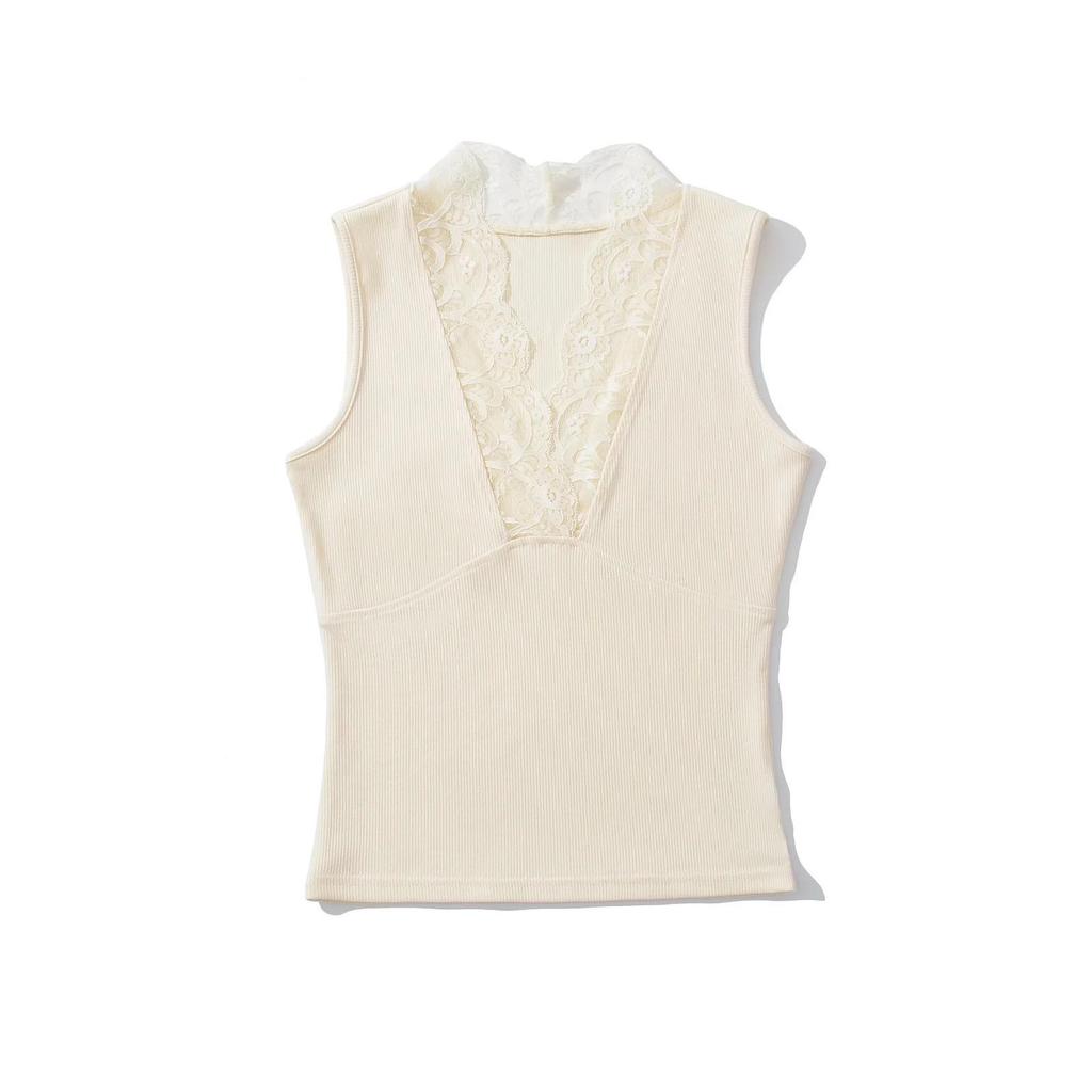 Lace V-Neck Ribbed Cotton Camisole: High-Elastic Slimming Tank for Spring/Summer 2025