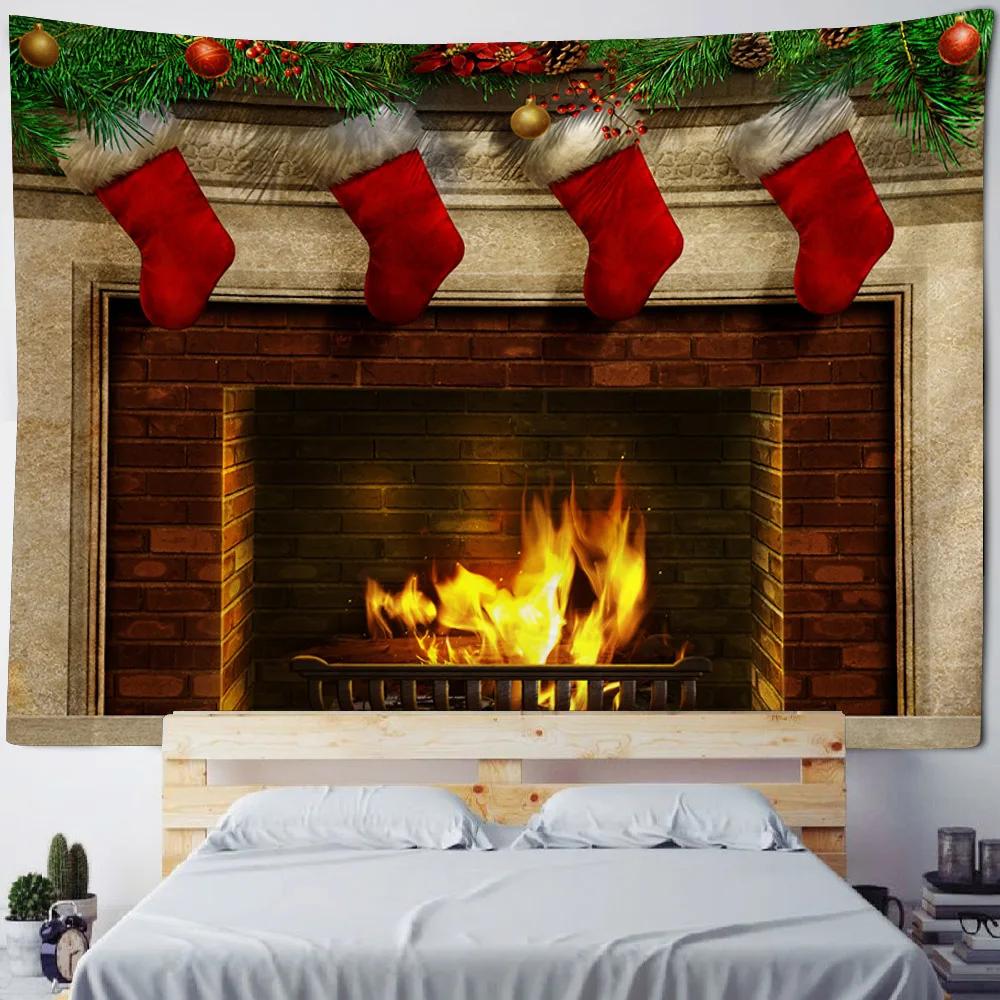 Christmas tree tapestry, Christmas fireplace, holiday decoration wall hanging, living room, bedroom, dormitory background poster
