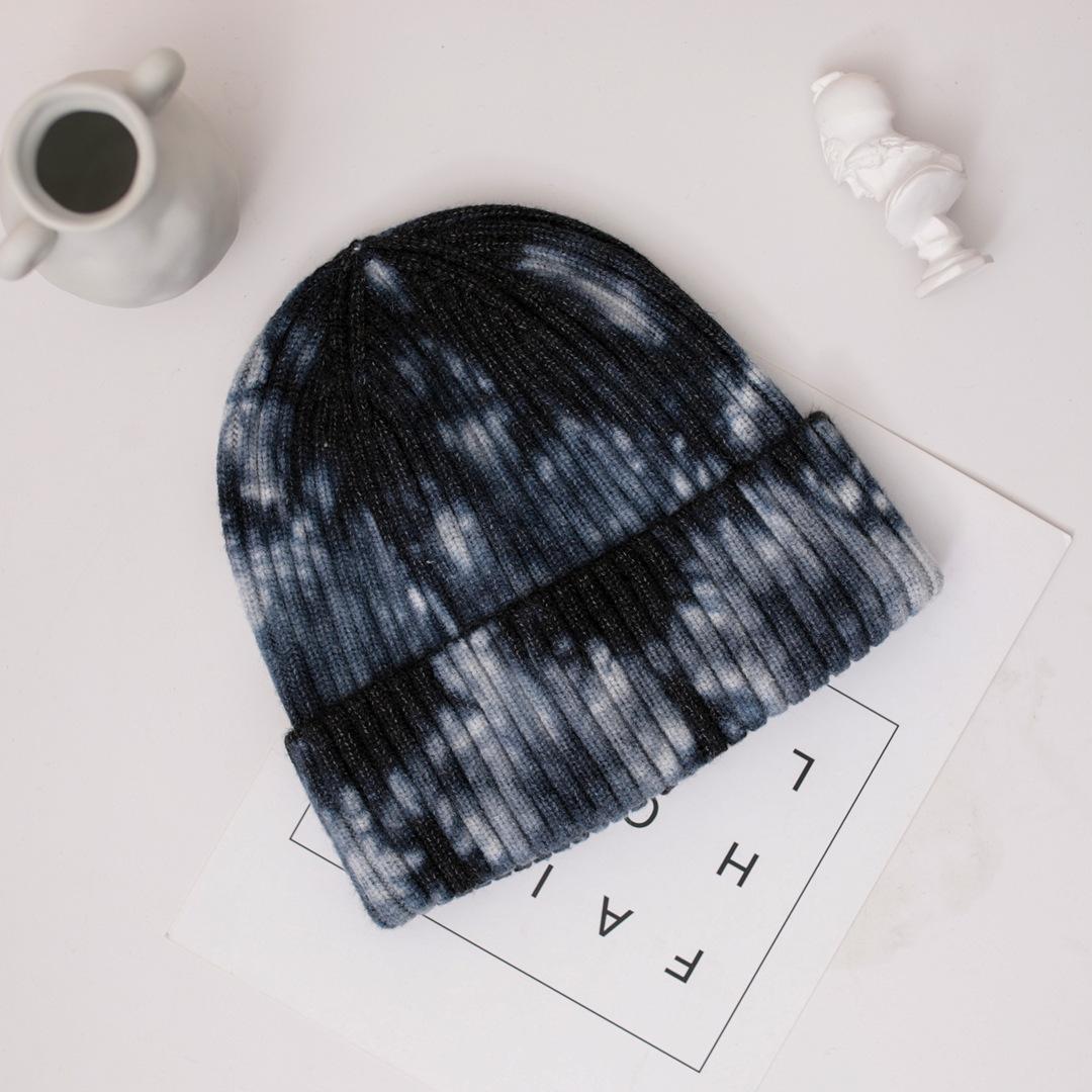 Cross-Border Trendy Tie-Dye Knitted beanie Unisex Hip-Hop Sports Warm Japanese Style Thickened Cold Hat 54-60cm (elastic adjustable) чёрный