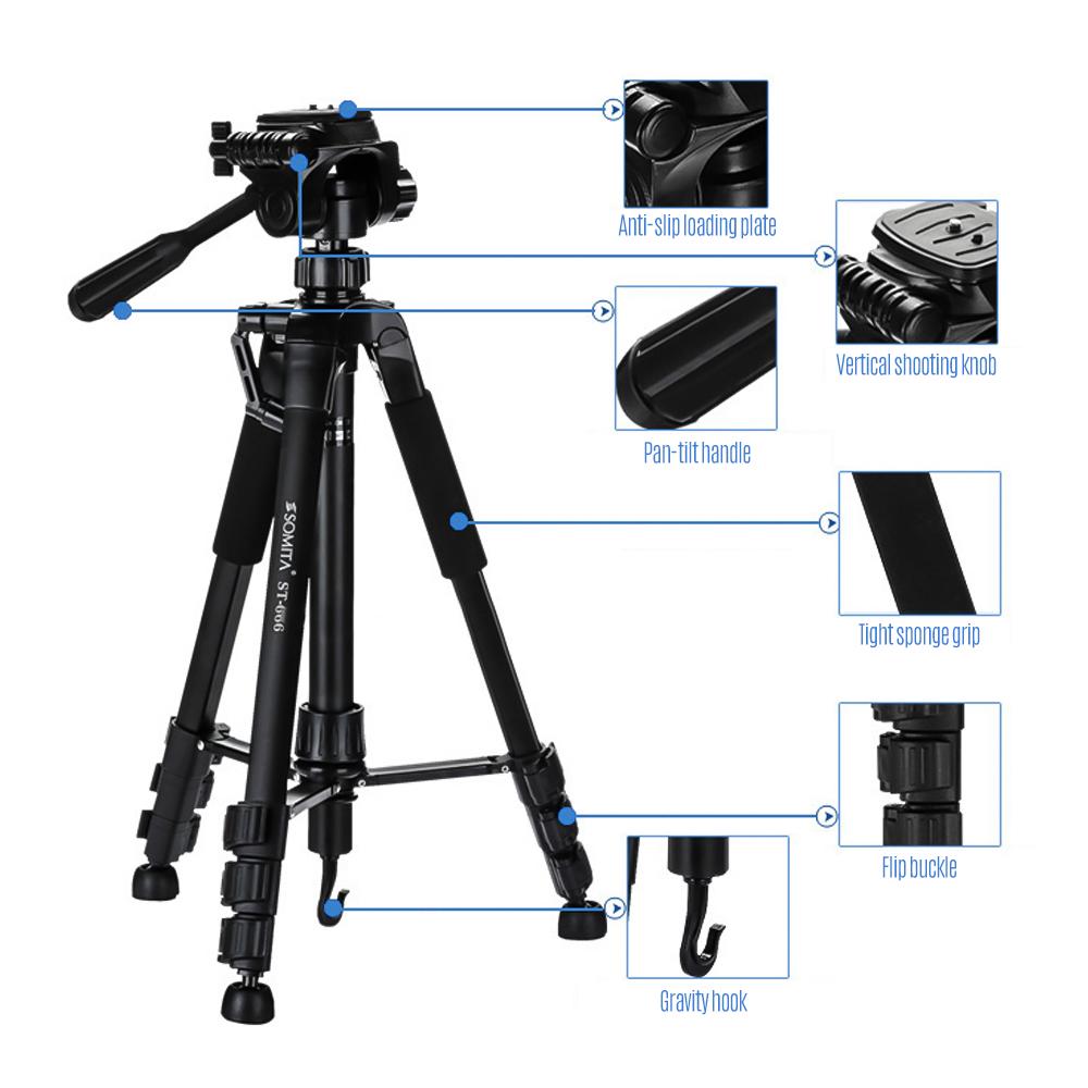 SOMITA ST666 Portable Light Aluminum Alloy Camera Tripod 4-Section  Extendable Video Tripod with