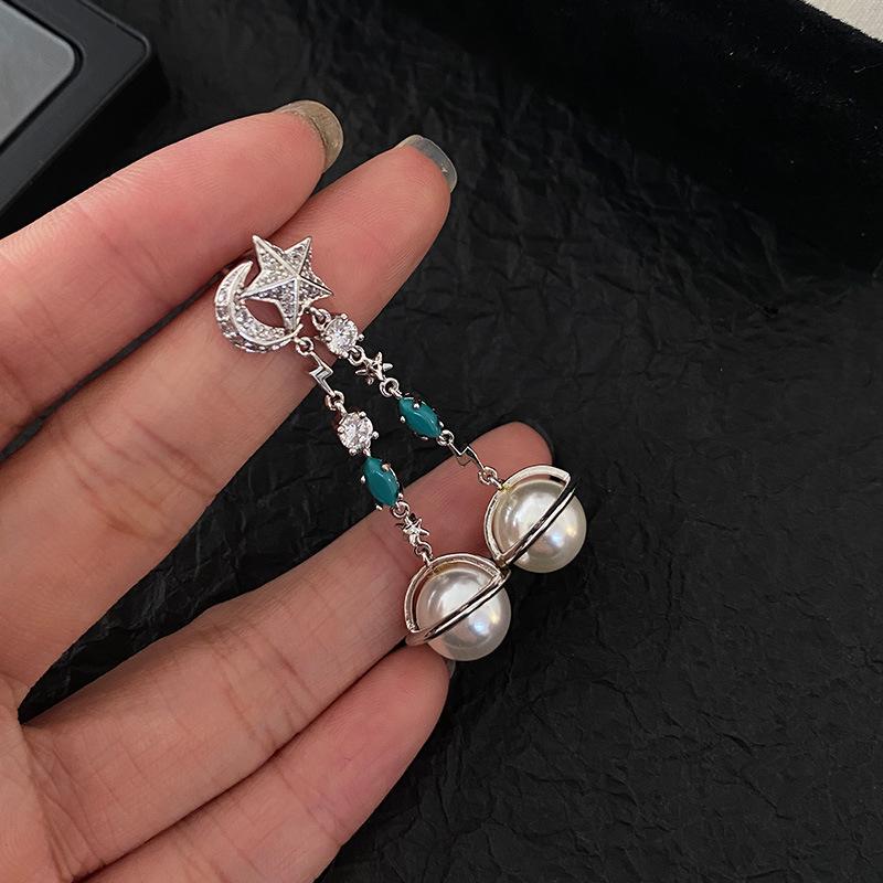 Moon Pentagram Earrings Long Tassel Design Sense High-End Earrings Fashion Personality Pearl Earrings