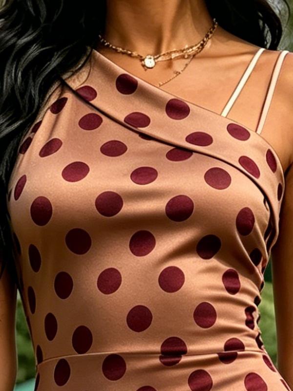 Summer Women's One Shoulder Midi Dress Polka Dot Print Brown Bodycon Sundress