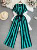 Fashion Celebrity Short Sleeve V-Neck Striped Dress Pants Casual High Waist Skinny Straight Wide Pants Jumpsuit