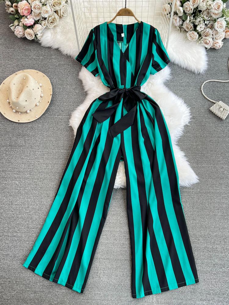 Fashion Celebrity Short Sleeve V-Neck Striped Dress Pants Casual High Waist Skinny Straight Wide Pants Jumpsuit