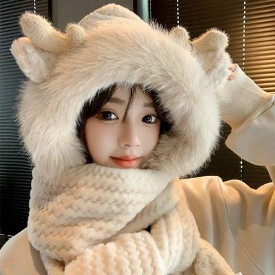 Hat Women's New Winter Cute Scarf Gloves Plush Hat Integrated Thickened Warm Elk Hat Three-piece Set