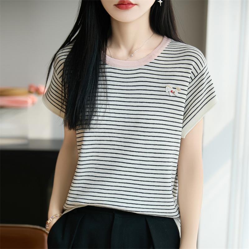 Round-neck Knitted Short-sleeved Women's Summer New Style Multi-color Striped Little Horse Base Layer T-shirt