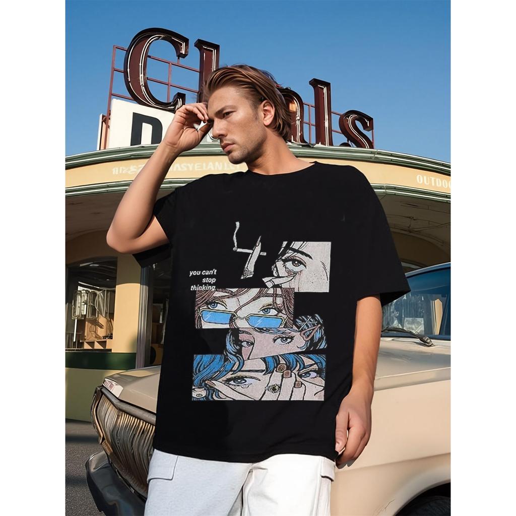 Men's Retro Comic Collage Graphic Tee, "You Can't Stop Thinking" Streetwear Oversized T-Shirt