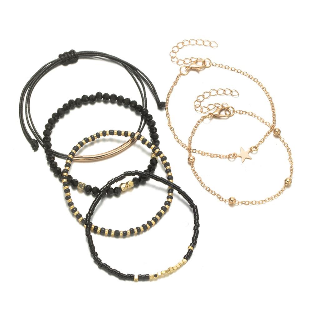 6PCS Boho Beads Handmade Black Glass Stone Bracelets for Women Lady Jewelry Party Vacation Jewelry Accessories