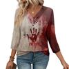 Womens 3/4 Sleeve Daily Weekend V Neck Casual Printed Tshirts Loose Fit Pleated Tees Button Down Shirts
