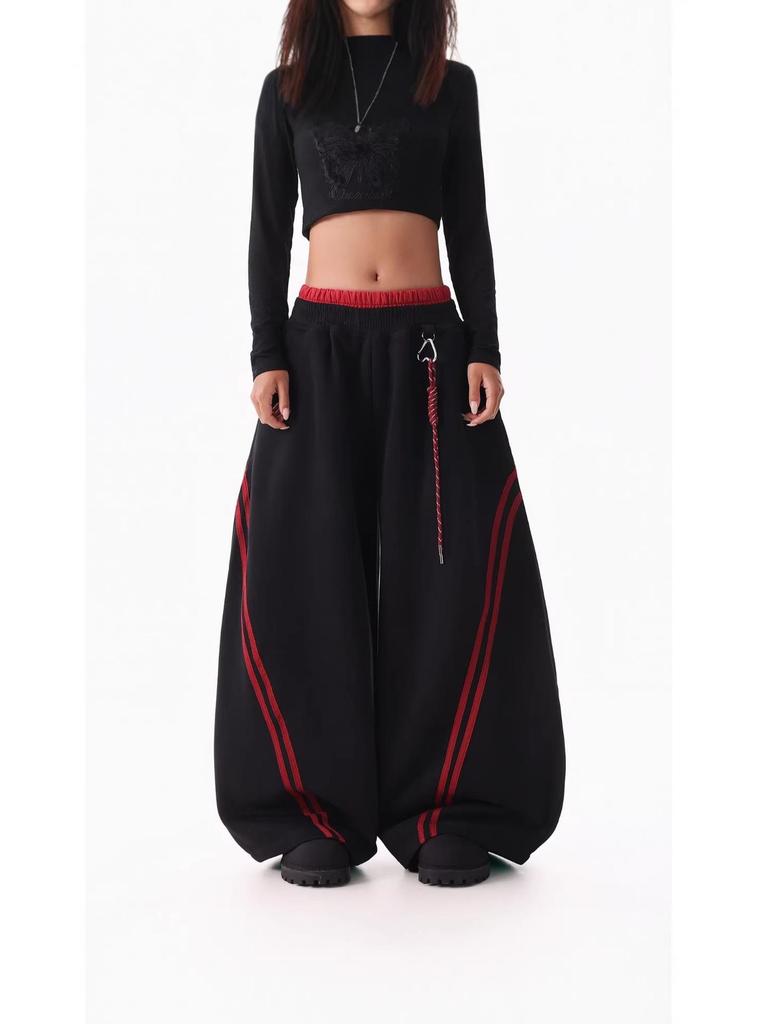 Women's Hip Hop Color Block Striped Sweatpants - Double Waistband, Baggy Fit for Spring/Autumn