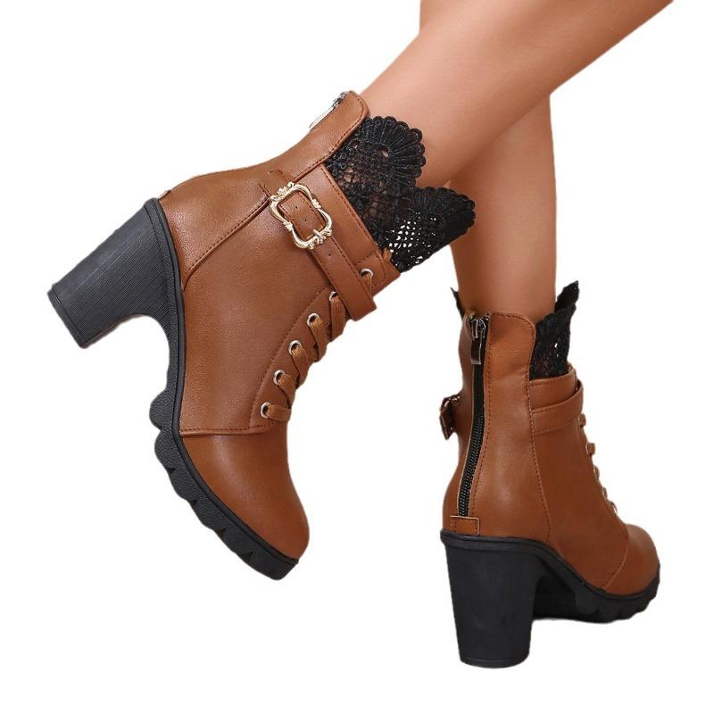 Autumn and winter fashion large size short boots Martin boots women's thick heel waterproof table lace lace 42 fashion boots