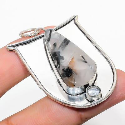 Natürlicher Schwarzer Rutil, Weißtopas 925 Sterlingsilber Geschenk Anhänger 2,17" I7W77