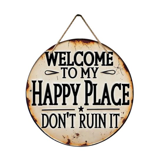Funny Garden Wooden Sign Vintage This Is My Happy Place Welcome Round Sign Farmhouse Rustic Hanging Wall Decor for Home Bar Patio Man Cave
