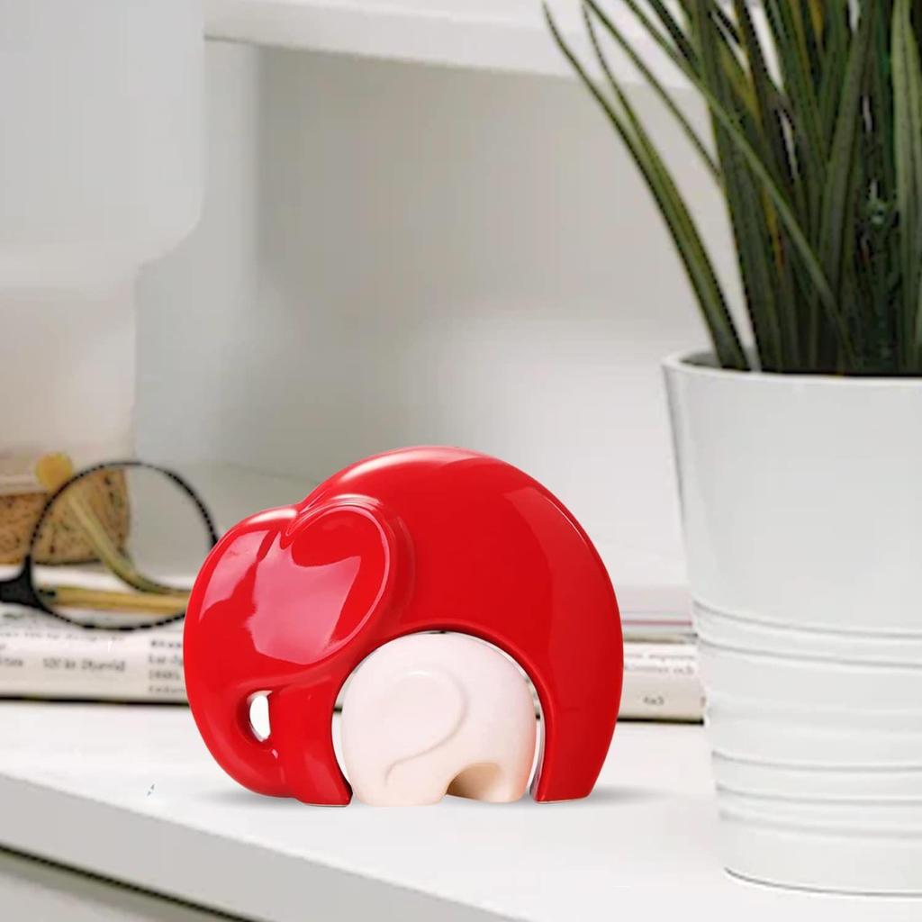 Home Décor Lucky Charm Elephant Mother and Kid Set | Piano Finish Ceramic Figures - (Set of 2 Piece, Red & White)