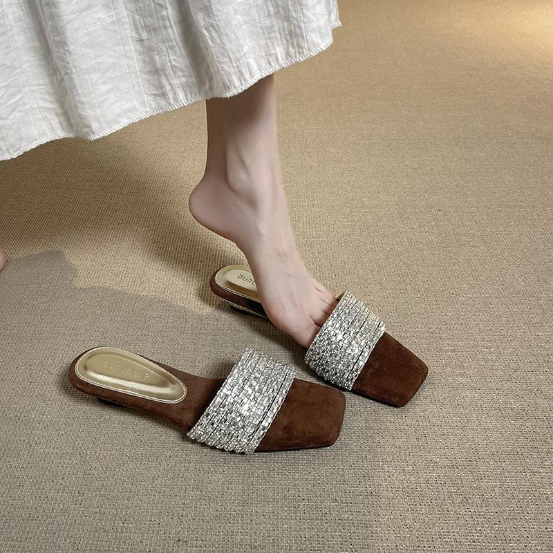 Fashion Slippers Woman Sandals French Temperament Exquisite Rhinestone Slippers Summer Wear Low Heel Slope Square Head Cool Slippers