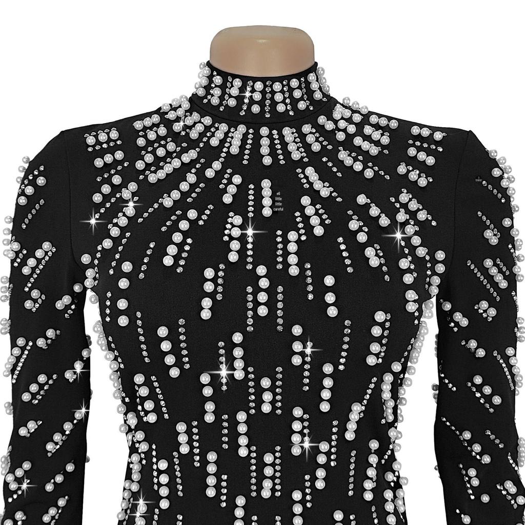 European & American Fashion Women's Long-Sleeve Beaded Bodycon Dress