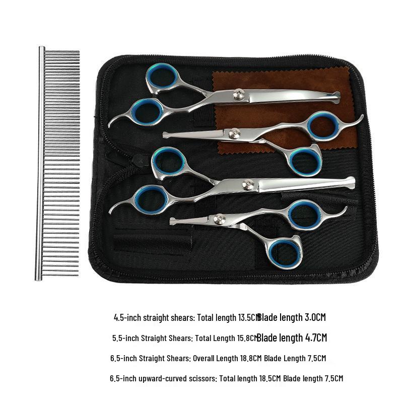 All-Steel Pet Grooming Scissors Set: Flat-Tooth & Curved Trimmers for Dog Hair Care.