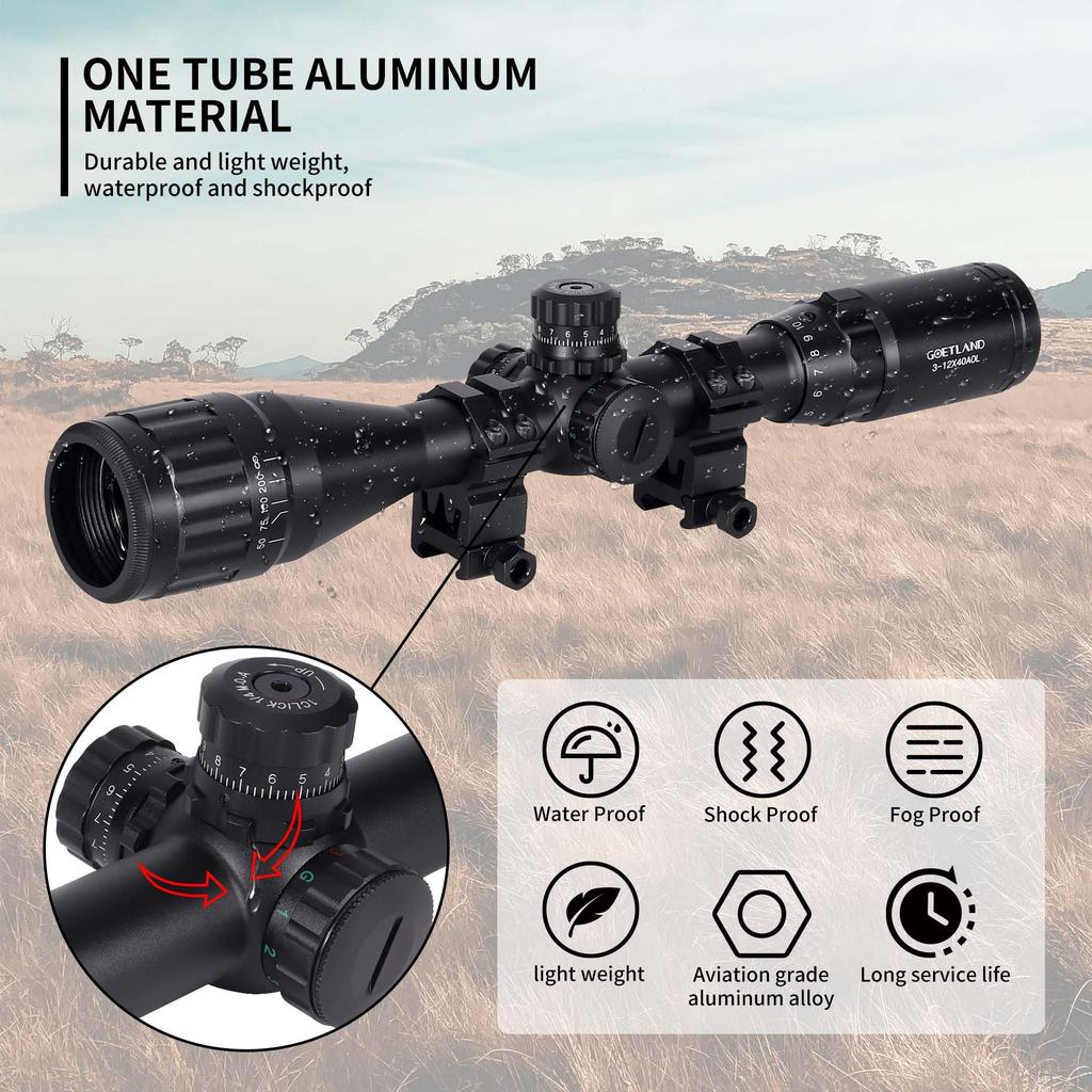 Goetland 3-12x40 AO Riflescope with Variable Magnification, Red, Green, and Blue Illuminated Reticle and Crosshairs, SFP Optical Sight for Airsoft,