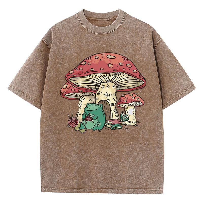 Cute Frog Kinting Mushroom Prints Women Washed T-Shirt Casual Cotton T Shirts Soft Loose Clothes Vintage Summer Short Sleeves