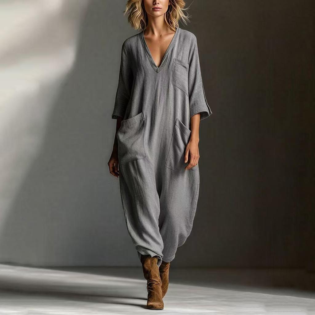 Women's Fashionable And Casual Buttoned V-neck Half Sleeve Pocket Jumpsuit