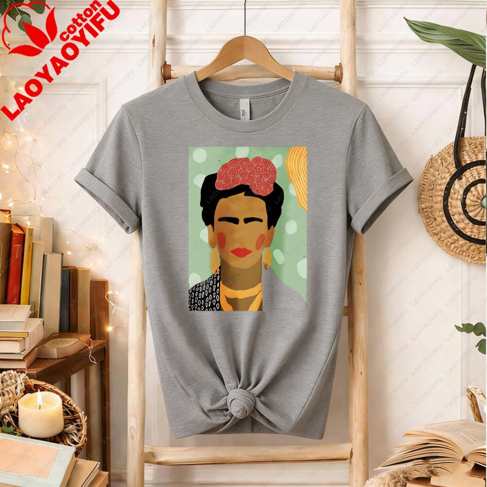 Frida Kahlo Inspired TShirt Minimalist Cotton Tee for Art Lovers Bold Creative Portrait Design Fashion Printed Tshirt Tops