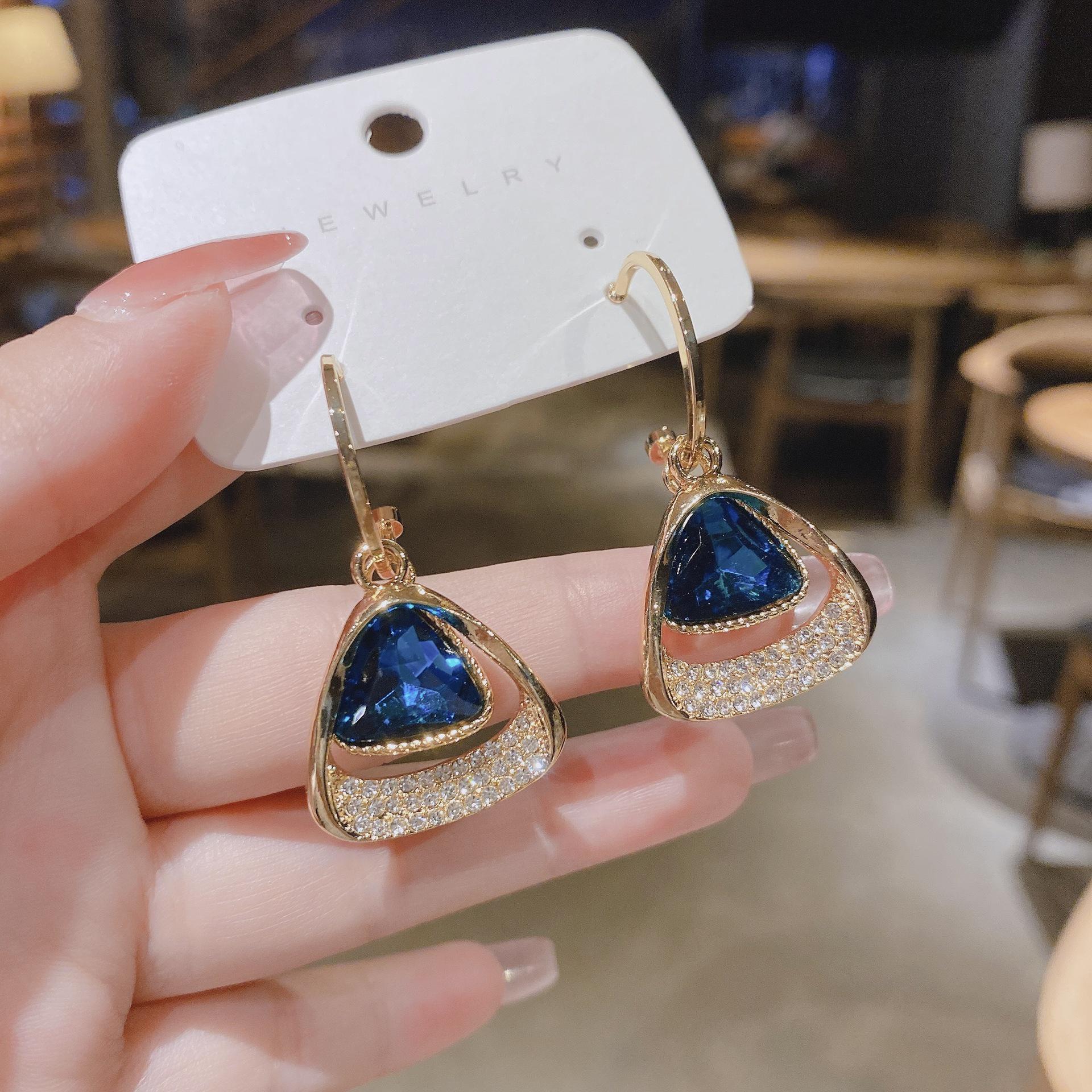 Sterling Silver Blue Triangle Crystal Tassel Earrings - Long, Elegant, Korean Style 5B711 сплава