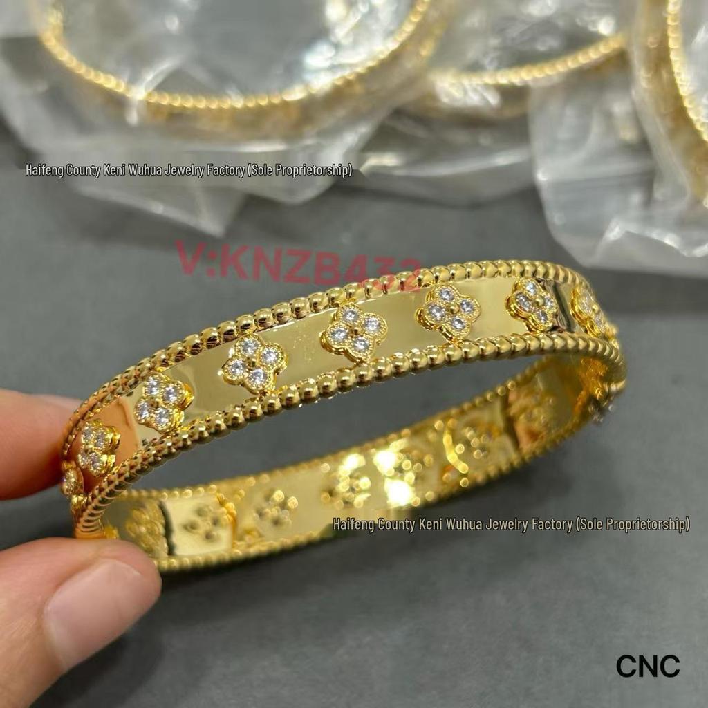 Kaleidoscope Four-Leaf Clover Women's 18k Yellow/Platinum/Rose Gold Diamond Bangle: Wide/Narrow Light Luxury