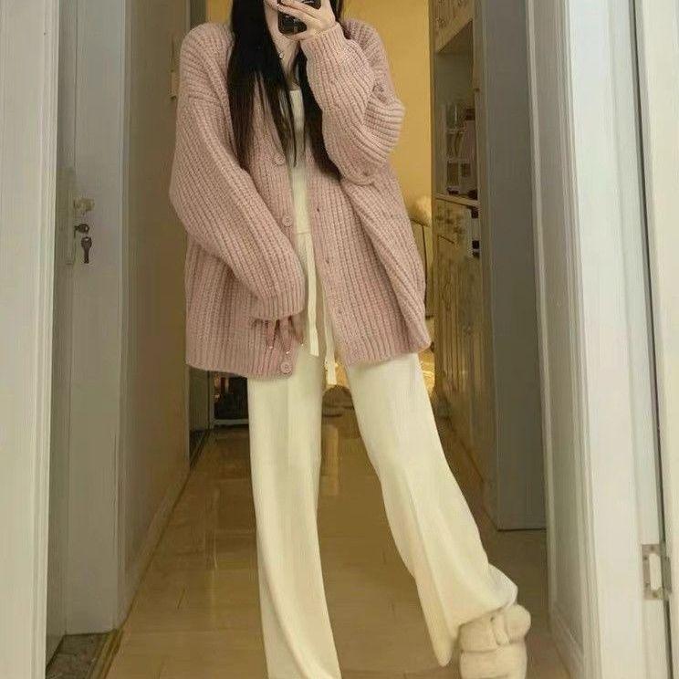 Sweet Pink Knitted Cardigan Sweater Women Korean Long Sleeve V Neck Cardogans Woman Wild Button Up Jumper Coat Female