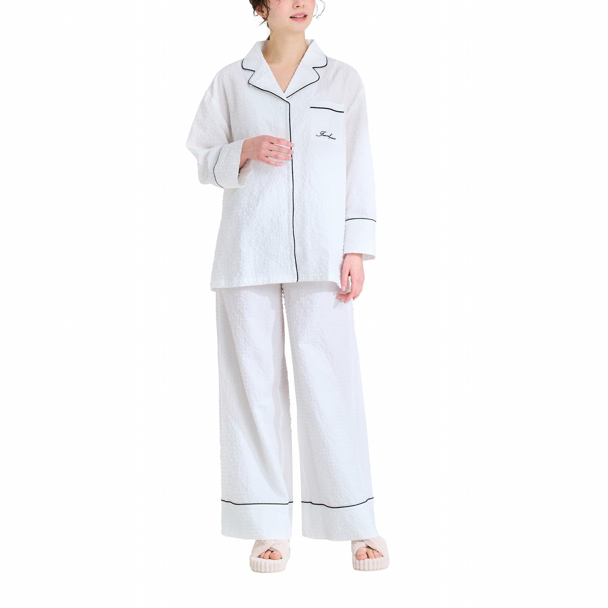 

Francfranc Logo Embroidered Check Jacquard 2025 Top and Bottom Set Pajamas, White, Model, Loungewear/Relaxation Wear, белый