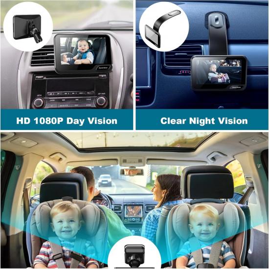 Baby Car Mirror, 4.3 HD Night Vision Function Mirror Display, Wide View Baby Car Camera Monitor 1080P Rear Facing Monitor, 360 Rotation Backseat
