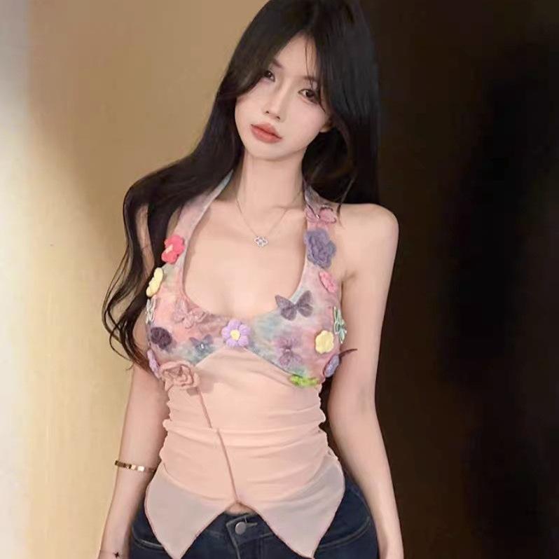 #Summer New Pure Desire Sexy U-neck Butterfly Three-dimensional Flower Neck Vest, Slim One-piece with Chest Pad