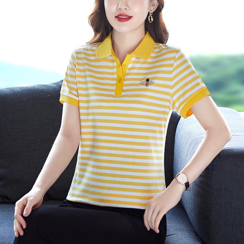 

YYFS Женская мода Повседневная Лето Весна Полосатый Принт Короткий рукав Воротник ПОЛО Блузки и Рубашки XXXL